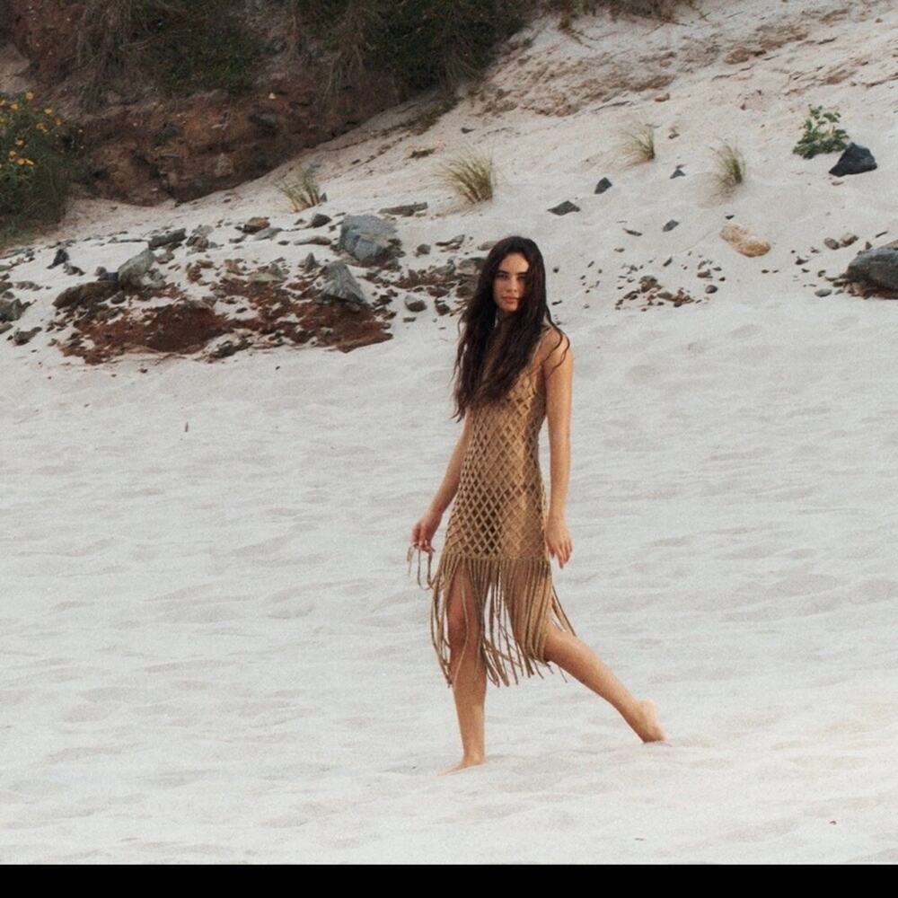 ZARA WOMEN MESH DRESS WITH FRING BEACH COVERUP Tan Crochet Small - Picture 4 of 13